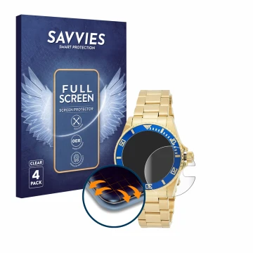 Face avant d’un emballage produit avec le logo de la marque Savvies. À côté, l’appareil Invicta Pro Diver 8930OB (40mm) est re