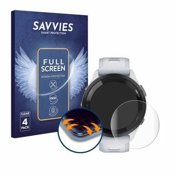Face avant d’un emballage produit avec le logo de la marque Savvies. À côté, l’appareil Garmin Forerunner 265 (46 mm) est repr