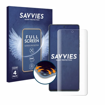 Face avant d’un emballage produit avec le logo de la marque Savvies. À côté, l’appareil Motorola Edge 40 Pro est représenté av