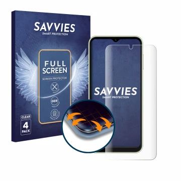Face avant d’un emballage produit avec le logo de la marque Savvies. À côté, l’appareil Samsung Galaxy A14 4G est représenté a