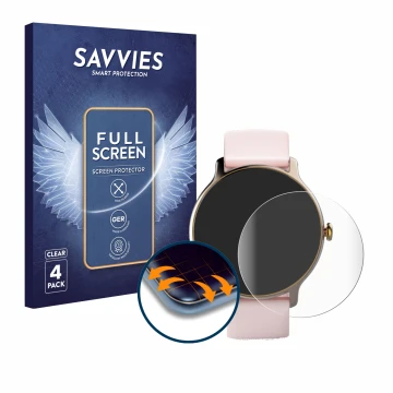 Face avant d’un emballage produit avec le logo de la marque Savvies. À côté, l’appareil Hama Fit Watch 4910 est représenté ave