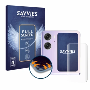 Face avant d’un emballage produit avec le logo de la marque Savvies. À côté, l’appareil Oppo Find N2 Flip (Affichage arrière) 