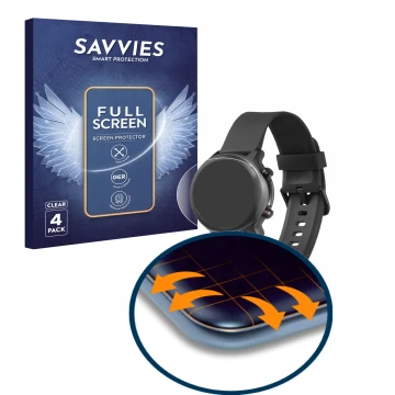 Face avant d’un emballage produit avec le logo de la marque Savvies. À côté, l’appareil Doro Watch est représenté avec la prot