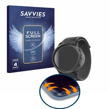 Face avant d’un emballage produit avec le logo de la marque Savvies. À côté, l’appareil Coros Apex 2 est représenté avec la pr