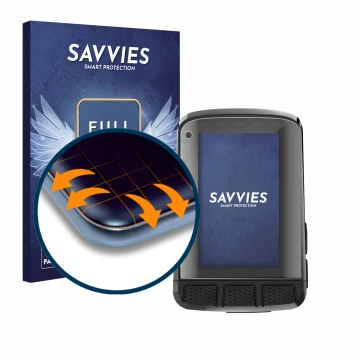 Face avant d’un emballage produit avec le logo de la marque Savvies. À côté, l’appareil Wahoo Elemnt Roam 2 est représenté ave