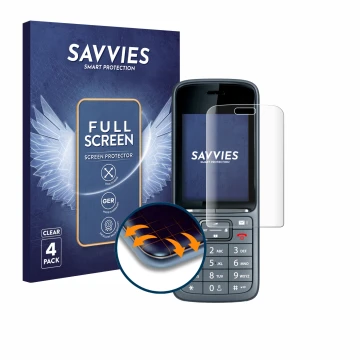 Face avant d’un emballage produit avec le logo de la marque Savvies. À côté, l’appareil Gigaset SL800H Pro est représenté avec