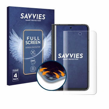 Face avant d’un emballage produit avec le logo de la marque Savvies. À côté, l’appareil Google Pixel Fold (Affichage externe) 