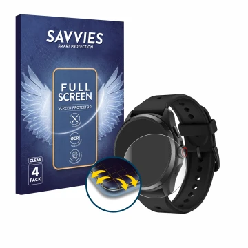 Face avant d’un emballage produit avec le logo de la marque Savvies. À côté, l’appareil Mobvoi TicWatch Pro 5 est représenté a