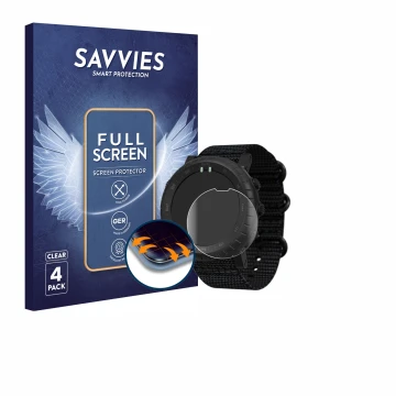 Face avant d’un emballage produit avec le logo de la marque Savvies. À côté, l’appareil Suunto Core Alpha est représenté avec 
