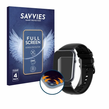 Face avant d’un emballage produit avec le logo de la marque Savvies. À côté, l’appareil Mutoy Smartwatch 1.69