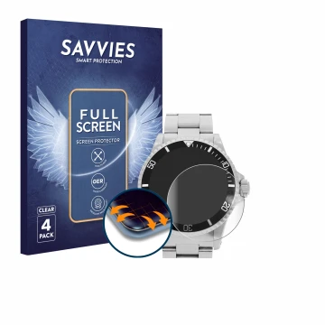 Face avant d’un emballage produit avec le logo de la marque Savvies. À côté, l’appareil Rolex Submariner (no date) est représe
