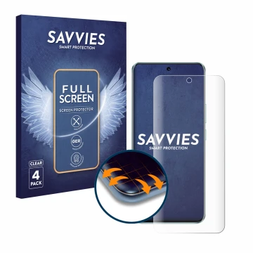 Face avant d’un emballage produit avec le logo de la marque Savvies. À côté, l’appareil Honor 90 est représenté avec la protec