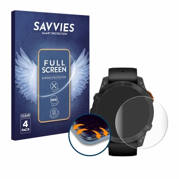 Face avant d’un emballage produit avec le logo de la marque Savvies. À côté, l’appareil Garmin Fenix 7 Pro Solar (47 mm) est r