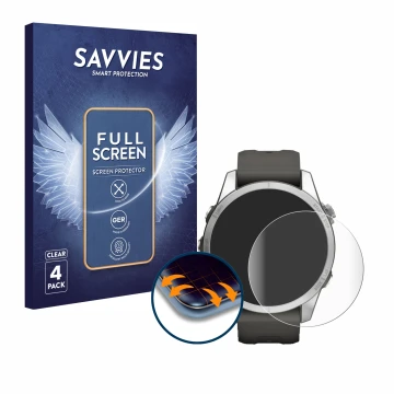 Face avant d’un emballage produit avec le logo de la marque Savvies. À côté, l’appareil Garmin Fenix 7S Pro Solar (42 mm) est 