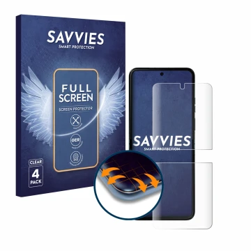Face avant d’un emballage produit avec le logo de la marque Savvies. À côté, l’appareil Motorola Razr 40 Ultra est représenté 