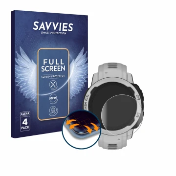 Face avant d’un emballage produit avec le logo de la marque Savvies. À côté, l’appareil Garmin Instinct 2S Solar (40 mm) est r