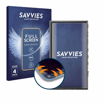 Face avant d’un emballage produit avec le logo de la marque Savvies. À côté, l’appareil Sony Walkman NW-A306 est représenté av