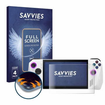 Face avant d’un emballage produit avec le logo de la marque Savvies. À côté, l’appareil ASUS ROG Ally (2023) RC71L est représe