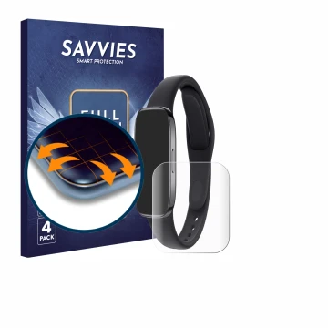 Face avant d’un emballage produit avec le logo de la marque Savvies. À côté, l’appareil Xiaomi Redmi Watch 3 est représenté av