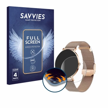 Face avant d’un emballage produit avec le logo de la marque Savvies. À côté, l’appareil Xcoast X-Watch Siona 2 est représenté 