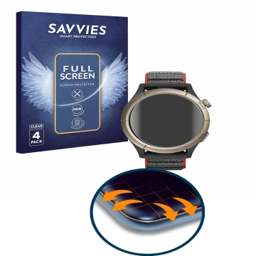 Face avant d’un emballage produit avec le logo de la marque Savvies. À côté, l’appareil Huami Amazfit Cheetah Pro est représen