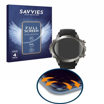 Face avant d’un emballage produit avec le logo de la marque Savvies. À côté, l’appareil Huami Amazfit Falcon est représenté av