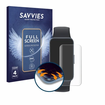 Face avant d’un emballage produit avec le logo de la marque Savvies. À côté, l’appareil Huawei Band 8 est représenté avec la p