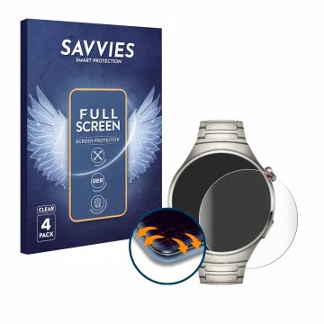 Face avant d’un emballage produit avec le logo de la marque Savvies. À côté, l’appareil Huawei Watch 4 Pro est représenté avec