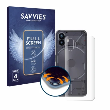 Face avant d’un emballage produit avec le logo de la marque Savvies. À côté, l’appareil Nothing Phone (2) (Arrière) est représ