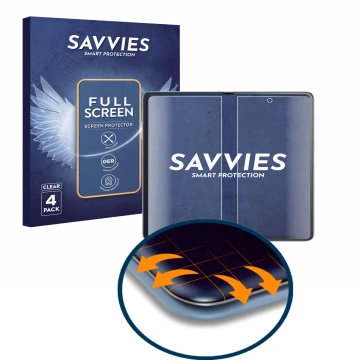 Face avant d’un emballage produit avec le logo de la marque Savvies. À côté, l’appareil Honor Magic V2 (Affichage interne) est