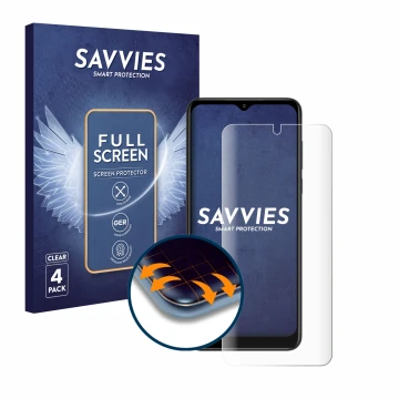 Face avant d’un emballage produit avec le logo de la marque Savvies. À côté, l’appareil ZTE Blade V50 Design 5G est représenté