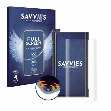 Face avant d’un emballage produit avec le logo de la marque Savvies. À côté, l’appareil FiiO M15s est représenté avec la prote