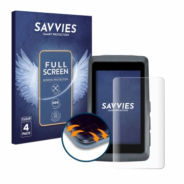 Face avant d’un emballage produit avec le logo de la marque Savvies. À côté, l’appareil Sigma ROX 12.1 EVO est représenté avec