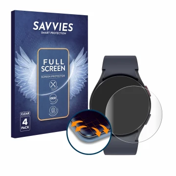 Face avant d’un emballage produit avec le logo de la marque Savvies. À côté, l’appareil Samsung Galaxy Watch 6 (40 mm) est rep