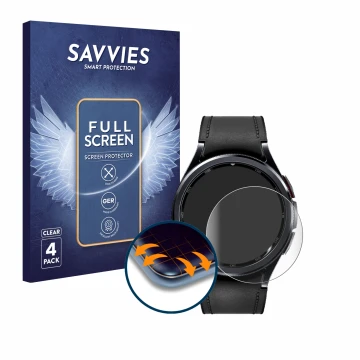 Face avant d’un emballage produit avec le logo de la marque Savvies. À côté, l’appareil Samsung Galaxy Watch 6 Classic (47 mm)