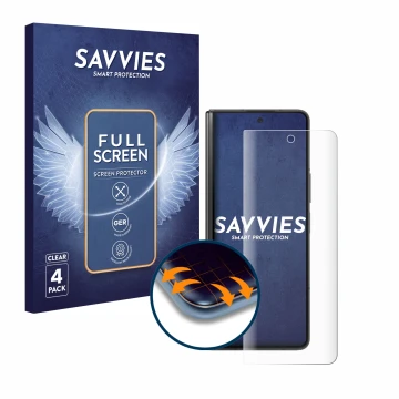 Face avant d’un emballage produit avec le logo de la marque Savvies. À côté, l’appareil Samsung Galaxy Z Fold 5 est représenté