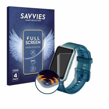 Face avant d’un emballage produit avec le logo de la marque Savvies. À côté, l’appareil Huawei Watch Fit Special Edition est r