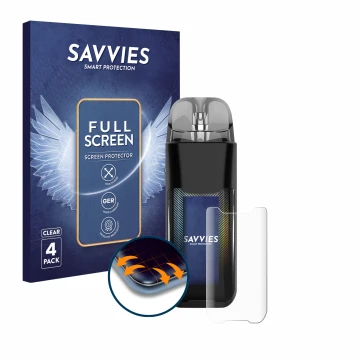 Face avant d’un emballage produit avec le logo de la marque Savvies. À côté, l’appareil Vaporesso Luxe XR est représenté avec 