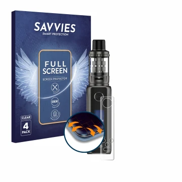 Face avant d’un emballage produit avec le logo de la marque Savvies. À côté, l’appareil Vaporesso Target 100 Mod est représent