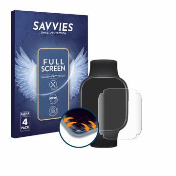 Face avant d’un emballage produit avec le logo de la marque Savvies. À côté, l’appareil Honor Watch 4 est représenté avec la p