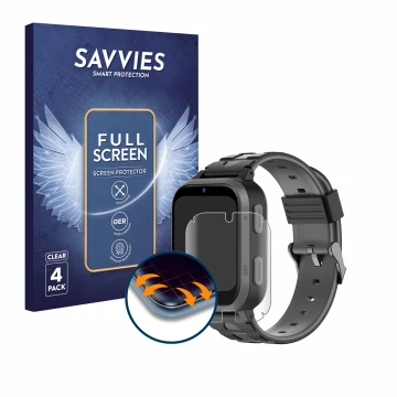 Face avant d’un emballage produit avec le logo de la marque Savvies. À côté, l’appareil Beafon Kids Watch SW2 est représenté a