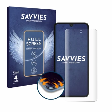 Face avant d’un emballage produit avec le logo de la marque Savvies. À côté, l’appareil Motorola Moto G84 est représenté avec 