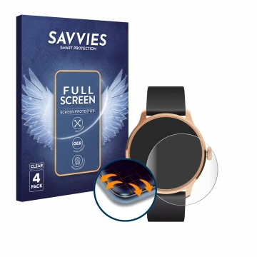 Face avant d’un emballage produit avec le logo de la marque Savvies. À côté, l’appareil Withings ScanWatch Light est représent