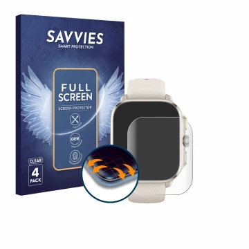 Face avant d’un emballage produit avec le logo de la marque Savvies. À côté, l’appareil Huami Amazfit Cheetah (Square) est rep