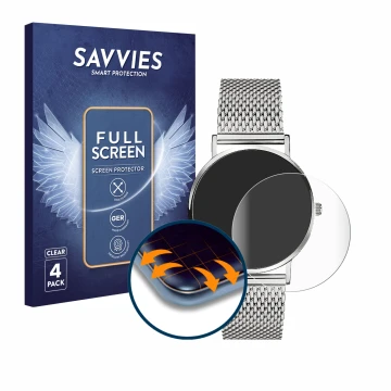 Face avant d’un emballage produit avec le logo de la marque Savvies. À côté, l’appareil Liebeskind New Case Mesh (34 mm) est r