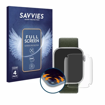 Face avant d’un emballage produit avec le logo de la marque Savvies. À côté, l’appareil Apple Watch Series 9 (45 mm) est repré