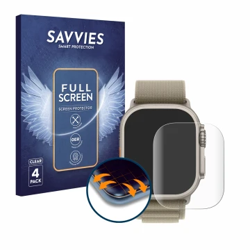 Face avant d’un emballage produit avec le logo de la marque Savvies. À côté, l’appareil Apple Watch Ultra 2 (49 mm) est représ