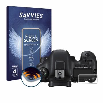 Face avant d’un emballage produit avec le logo de la marque Savvies. À côté, l’appareil Canon EOS 7D Mark II (affichage des ép