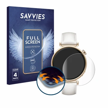 Face avant d’un emballage produit avec le logo de la marque Savvies. À côté, l’appareil Huawei Watch GT 4 (41mm) est représent