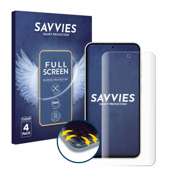 Face avant d’un emballage produit avec le logo de la marque Savvies. À côté, l’appareil Samsung Galaxy S23 FE est représenté a